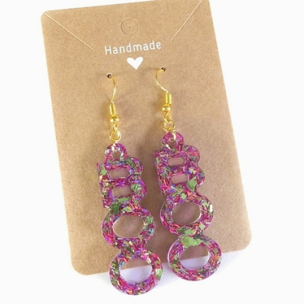 Purple and green glitter BOO Halloween dangle earrings gold hypoallergenic hooks